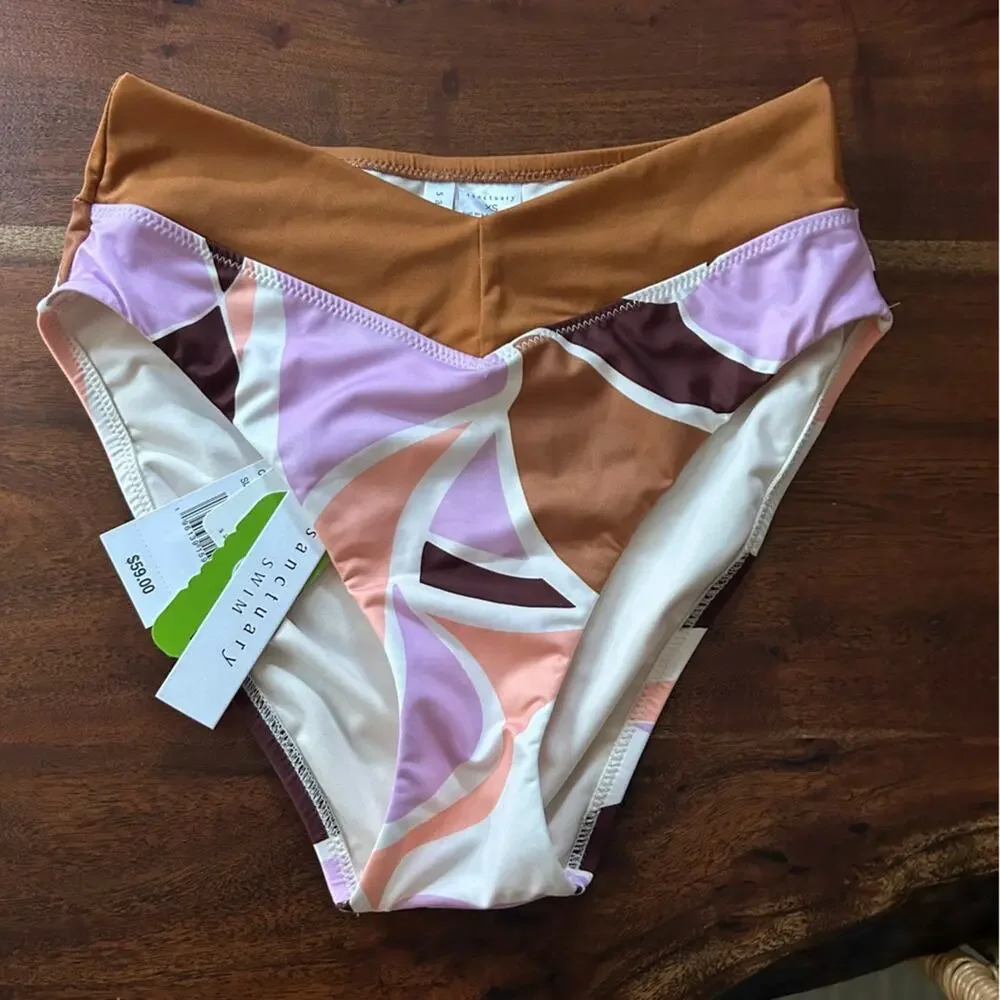 Sanctuary Swim High Leg V-Waist Bikini Bottoms Lion Abstract Pattern NWT Size XS